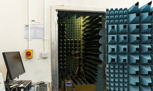 An open door showing the interior of the anechoic chamber