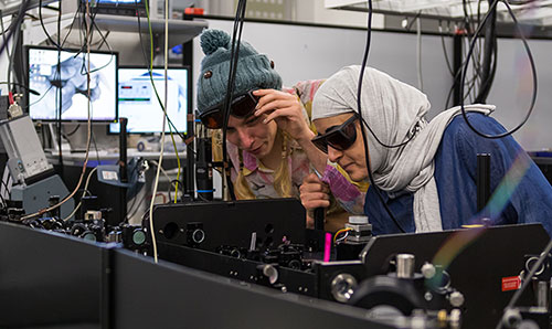Two female students conducting research at the Photon Science Institut